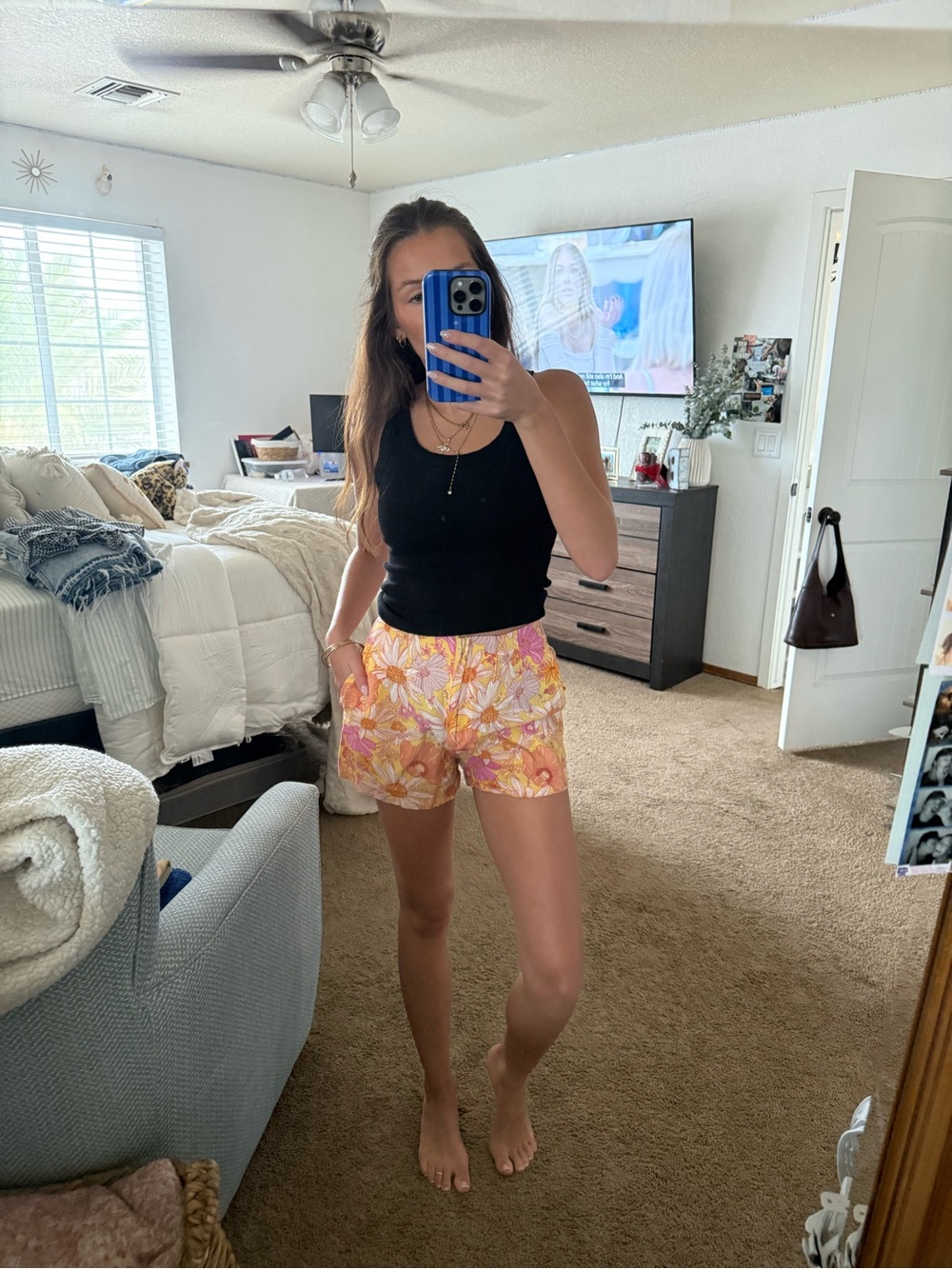 H&M Yellow Pink Floral High-Waist Shorts